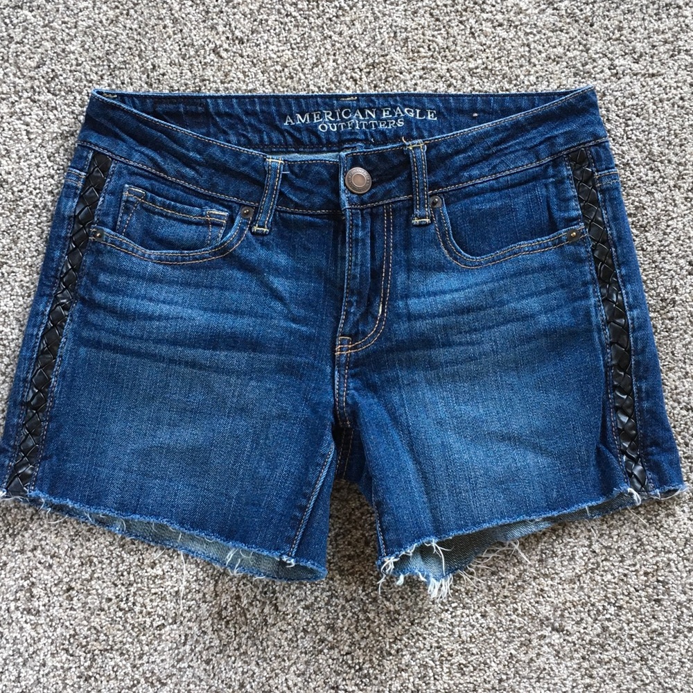 American Eagle Outfitters Blue Denim Shorts with Black Braided Trim